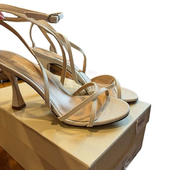 Revolve Marion Parke Lottie Glitter Strappy Flared Stiletto Sandals in Chalk 40 - Picture 4 of 12